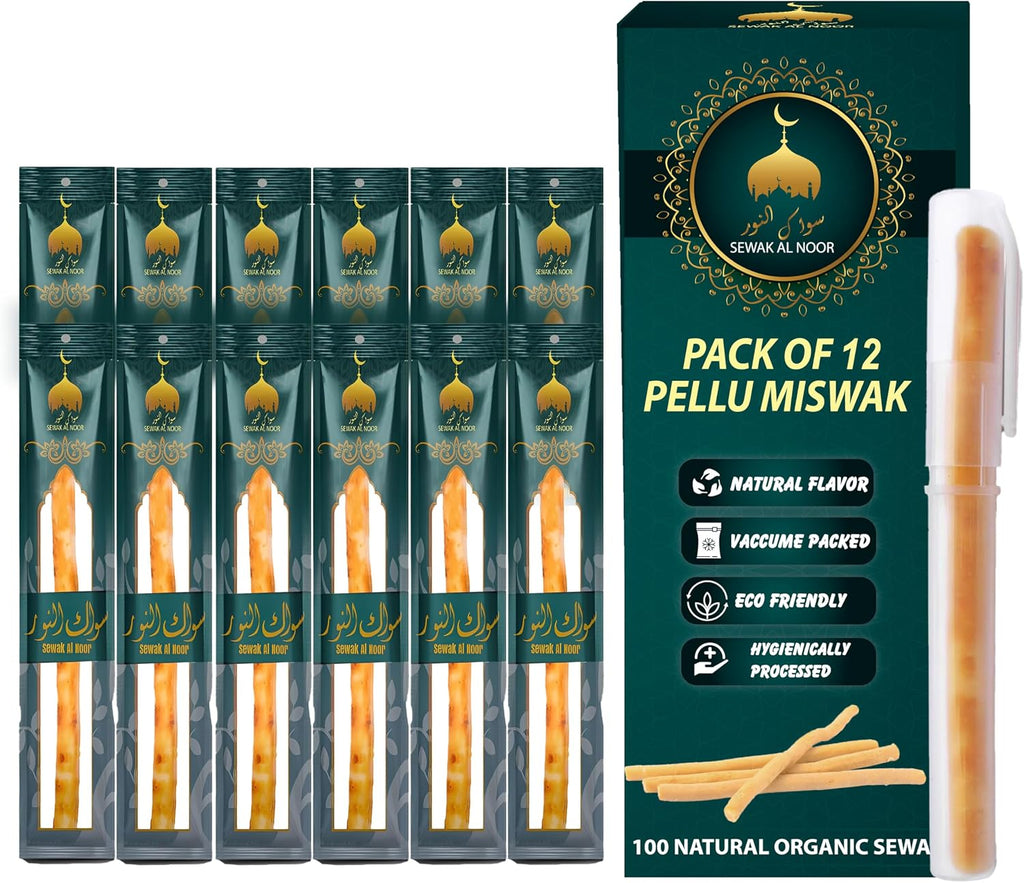 Pack of 12 Miswak Sticks for Teeth with Holder - Natural Toothbrush for Teeth Whitening, Oral Health & Fresh Breath - Vacuum Sealed Natural Flavored Chew Sticks for Humans || Pack of 12