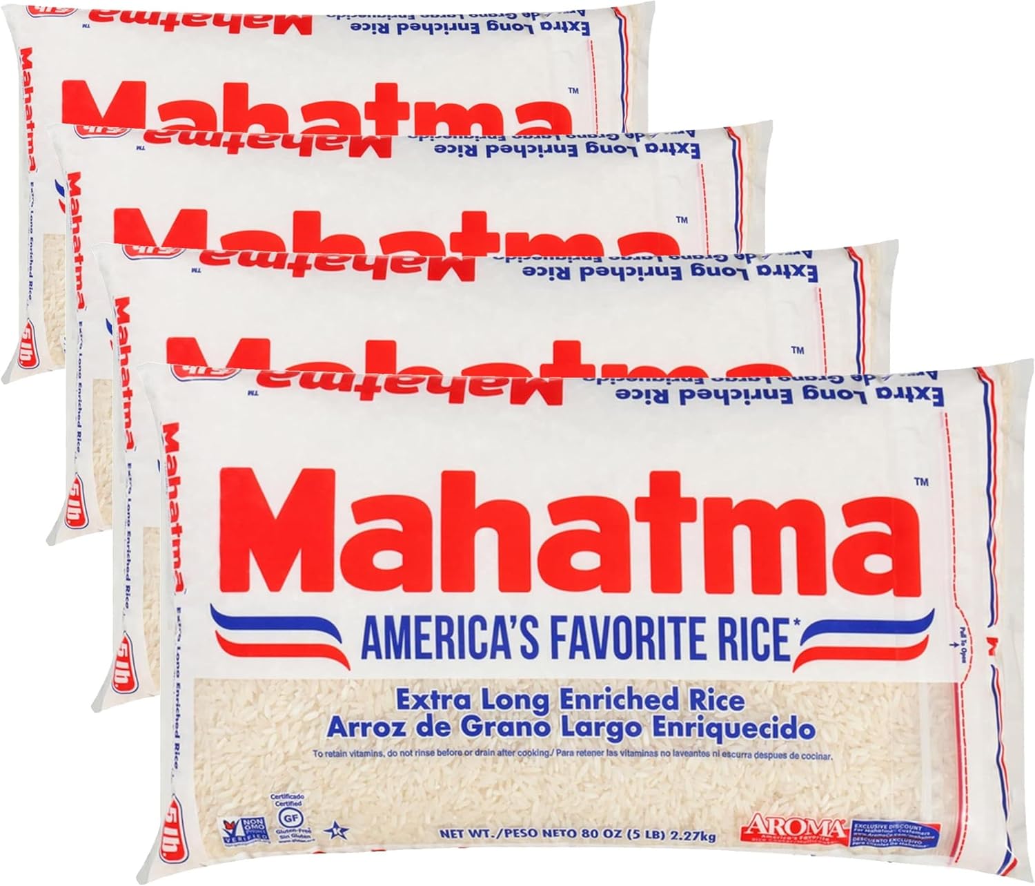 Mahatma Extra-Long-Grain Rice 5-Pound Rice Bag,Gluten-Free and Non-GMO White-Rice Bulk Bag,(Pack of 4)