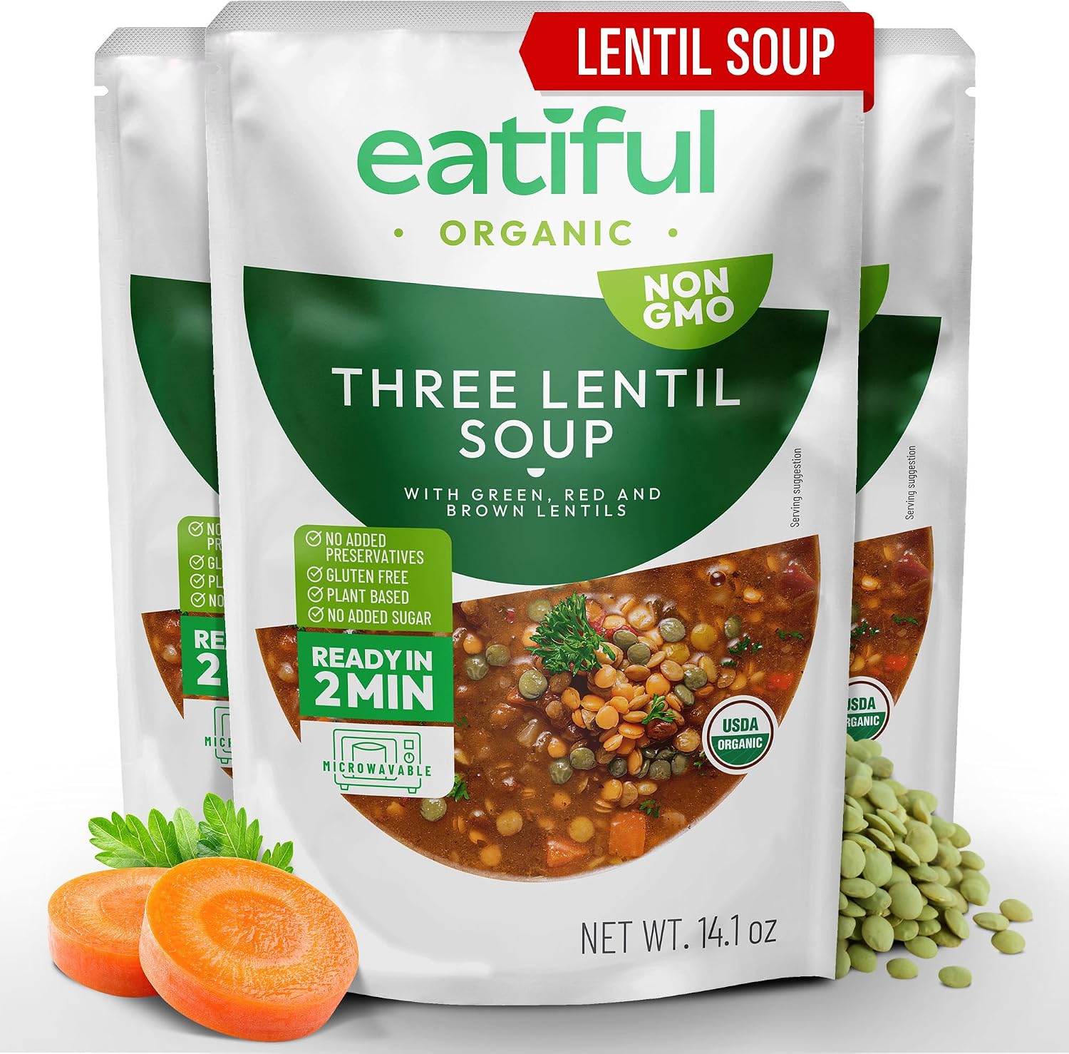 EATIFUL Lentil Soup, Made With Organic Vegetables, Lentil Soup With Green, Red And Brown Lentils, No Added Preservatives And Sugar, Gluten Free, NON GMO, 14.1 Ounce (Pack of 3)