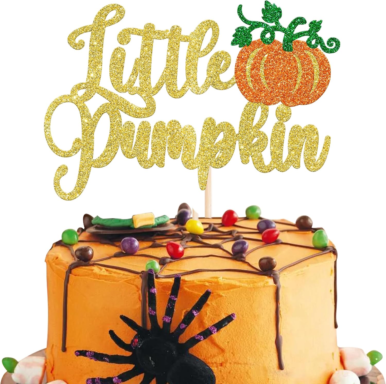 1 Pack Litter Pumpkin Cake Topper Glitter Fall Harvest Theme Cake Pick for Halloween Thanks Giving Theme Baby Shower Kids Birthday Party Cake Decoration Supplies Gold