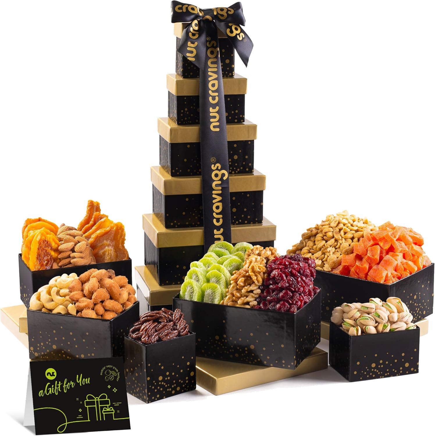 NUT CRAVINGS - Easter Dried Fruit & Mixed Nuts Gift Basket, Black Tower + Ribbon (12 Assortments) Food Arrangement, Healthy Snack Care Package, Kosher