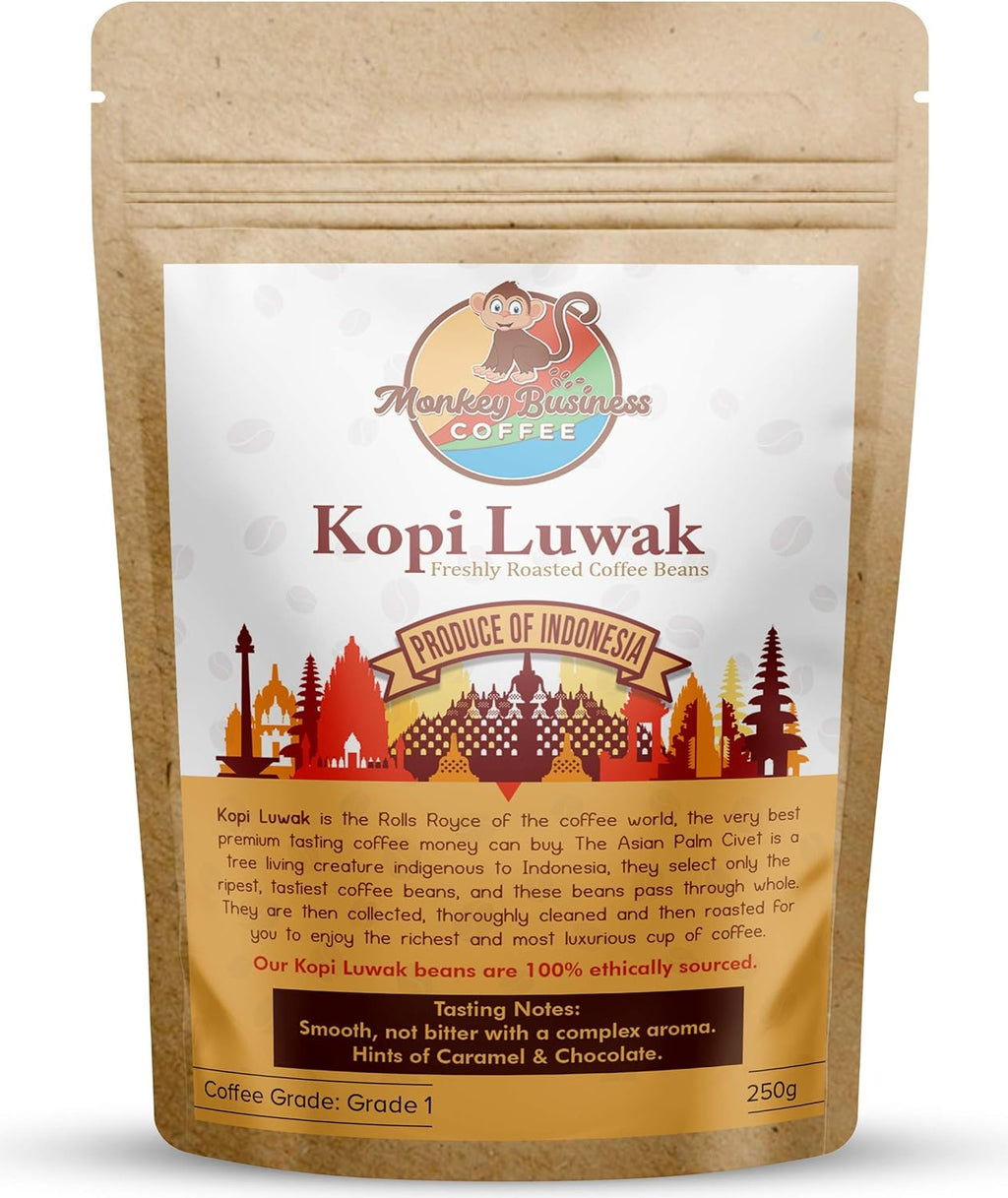 Monkey Business Coffee - Wild Kopi Luwak Coffee Whole Beans - Ethically Sourced - 250 Grams (8.8oz) (Other Weights & Bean Types Available) - Produce of Indonesia
