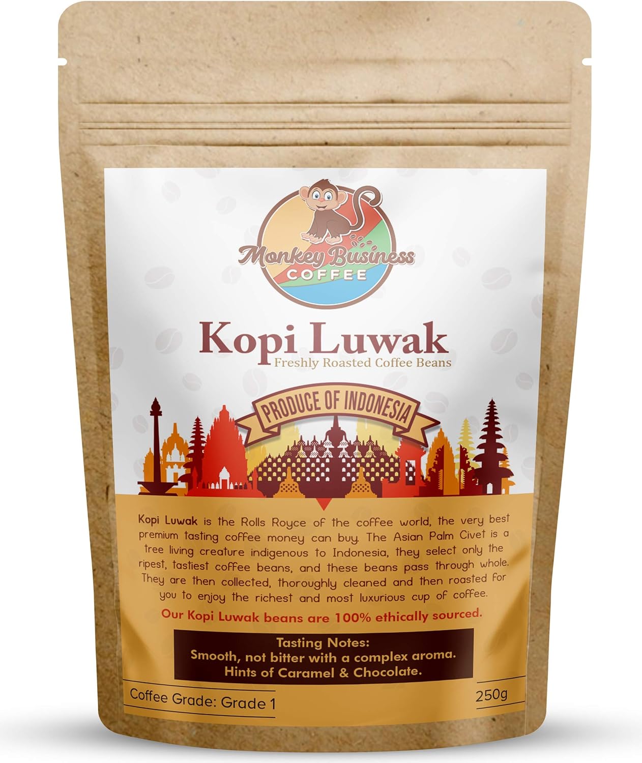 Monkey Business Coffee - Wild Kopi Luwak Coffee Whole Beans - Ethically Sourced - 250 Grams (8.8oz) (Other Weights & Bean Types Available) - Produce of Indonesia