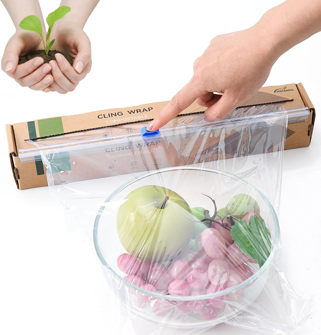 Cling Wrap Compostable Food Wrap Film with Slide Cutter 12" Wide 200 FT for Kitchen ASTM D6400 Certified Clear