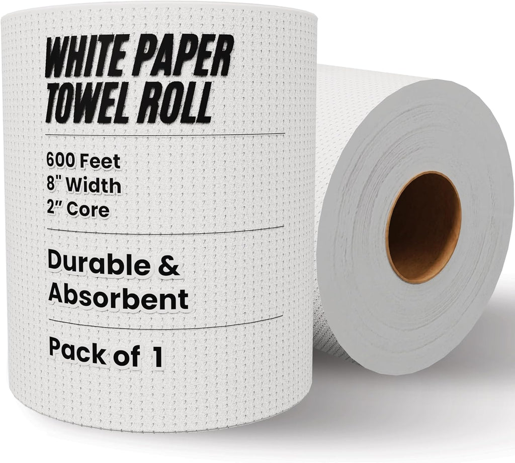 Restaurantware-Paper Towel Roll 600' x 1 Roll Long Paper Towel 8" Wide Hand Towel Roll 1 Ply Universal Dispenser 2" Core Hardwound High Absorbency Everyday Use For Commercial Washroom White