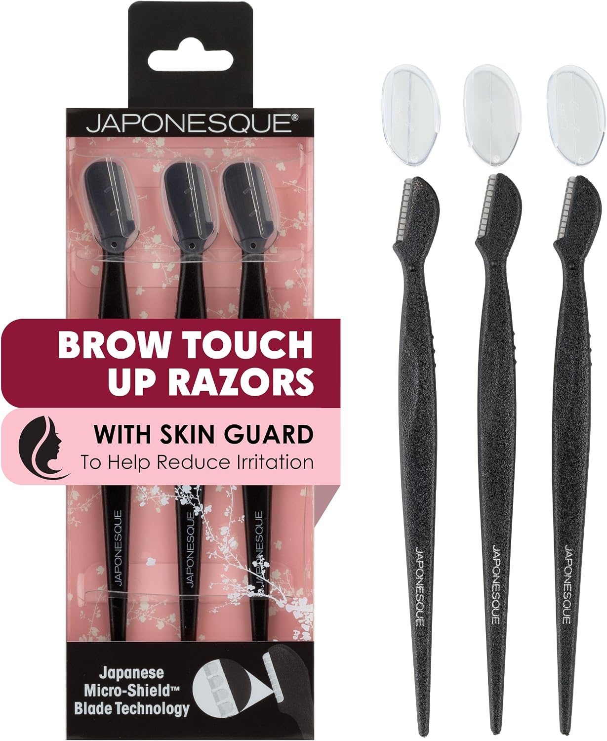 Japonesque Eyebrow Razor with Ultra-Sharp Stainless Steel Blades, for Removal of Facial Hair on Women. Also acts as a Dermaplane Razor to Remove Peach Fuzz & Exfoliate the face -Travel Cap Included