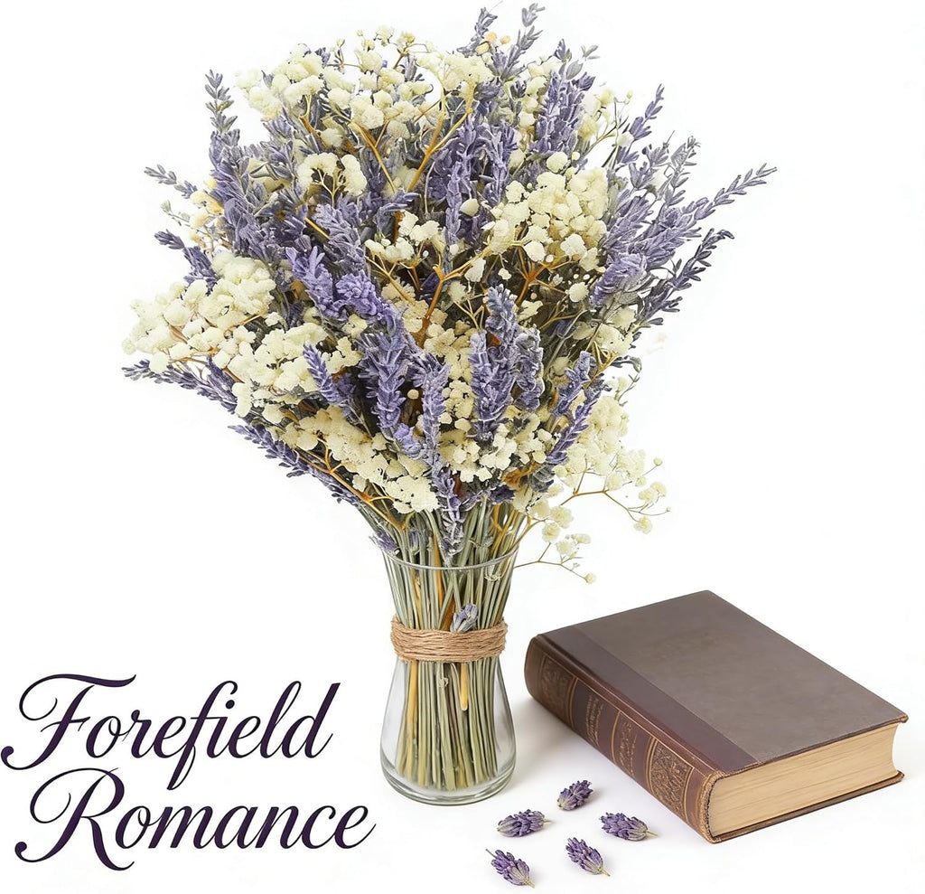2 Bundles Natural Dried Lavender & Baby's Breath Flowers Bouquet, 16" Real Scented Lavender Stems for Home Decor, Shower, Wedding Centerpieces, DIY Crafts, Long-Lasting Fragrance, Gift Ready Box