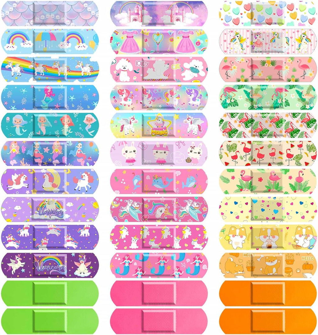 Sublaga 33 Styles Kids Cartoon Bandages 300 Pcs Adhesive Flexible Unicorn Bandages Cartoon Bandages Variety Pack Waterproof Protect Scrapes and Cuts for Girls Boys Children Toddlers(Cute)