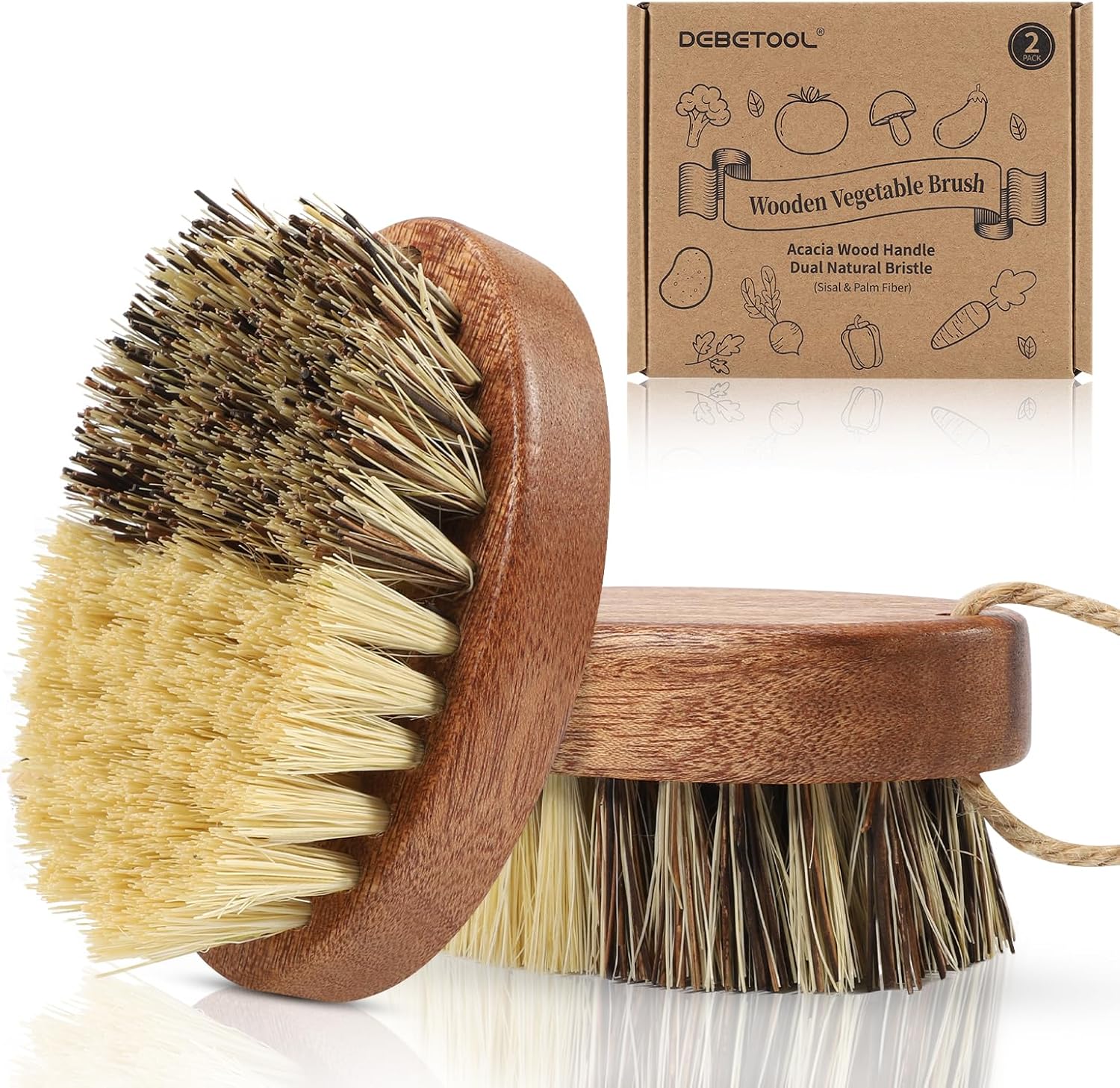 2 Pack Wooden Vegetable Brush for Food - Dual Bristle Potato Brush Scrubber with Hanging Rope | Natural Compostable Kitchen Vegetable Scrubber for Potatoes, Carrots, Fruits
