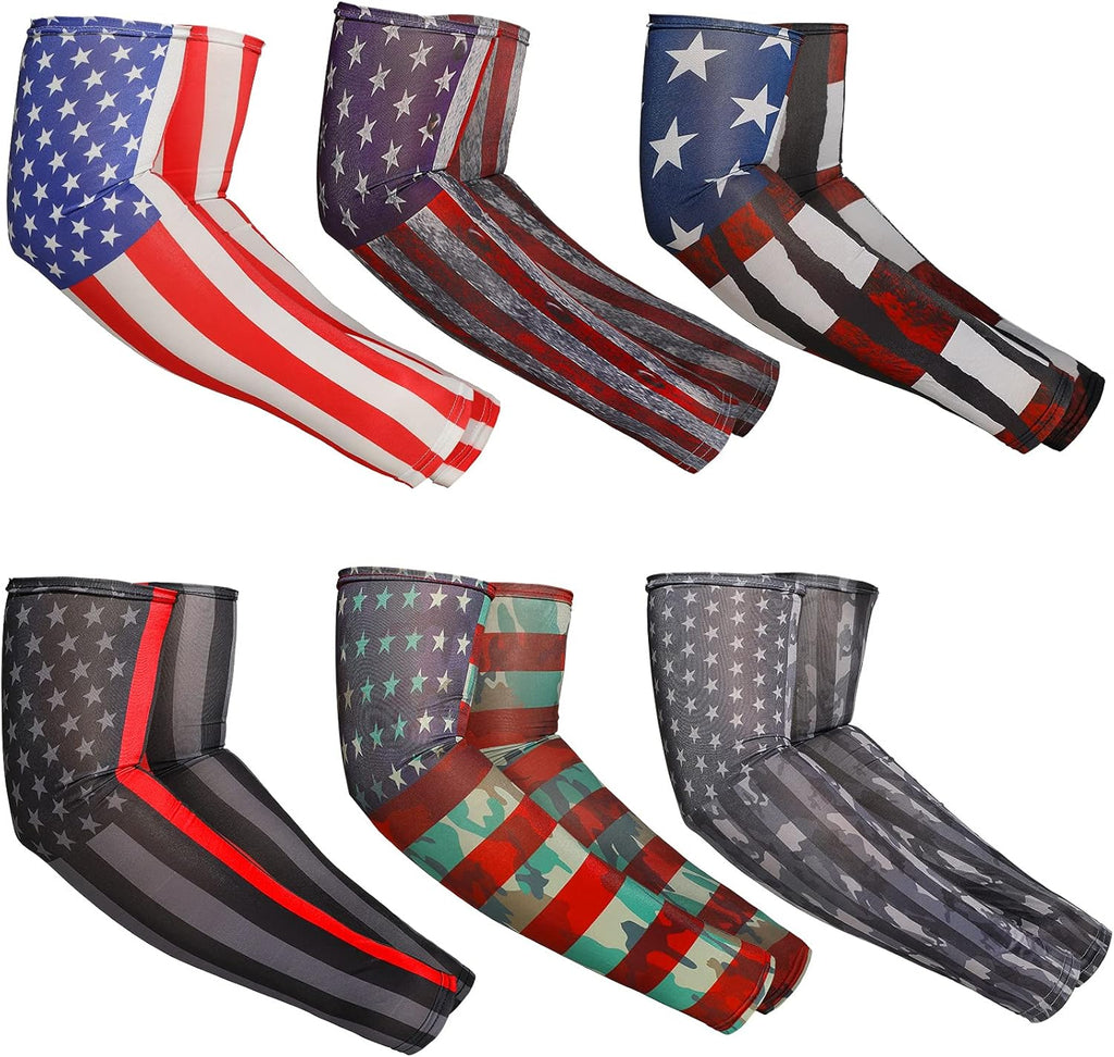 Geyoga 6 Pairs American Flag Arm Sleeves for Men UV Protection Patriotic USA Flag Cooling Arm Covers Sun Protector Sleeves for Football Youth Guards Unisex Sports Basketball Cycling Motorcycle