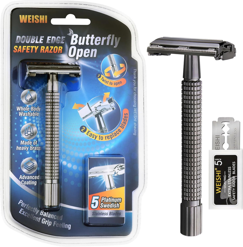WEISHI Butterfly Open Double Edge Safety Razor for Men, Nostalgic Long Handle with 5 Stainless Razor Blades, Reusable Wet Shave Tool for Smooth, Close Shave