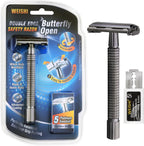WEISHI Butterfly Open Double Edge Safety Razor for Men, Nostalgic Long Handle with 5 Stainless Razor Blades, Reusable Wet Shave Tool for Smooth, Close Shave