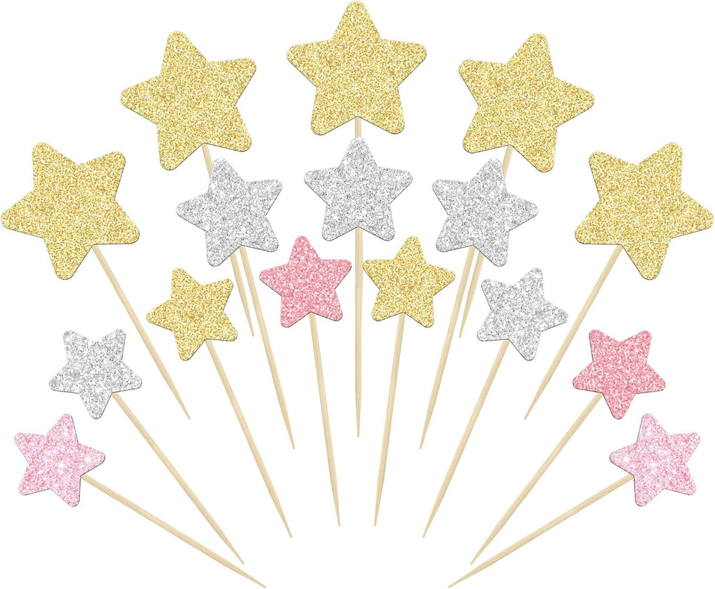 Gyufise 42Pcs Star Cupcake Toppers Gold Silver Pink Glitter Assembled Twinkle Star Cupcake Picks Wedding Engagement Bridal Shower Birthday Party Cake Decorations Supplies Mixed Size