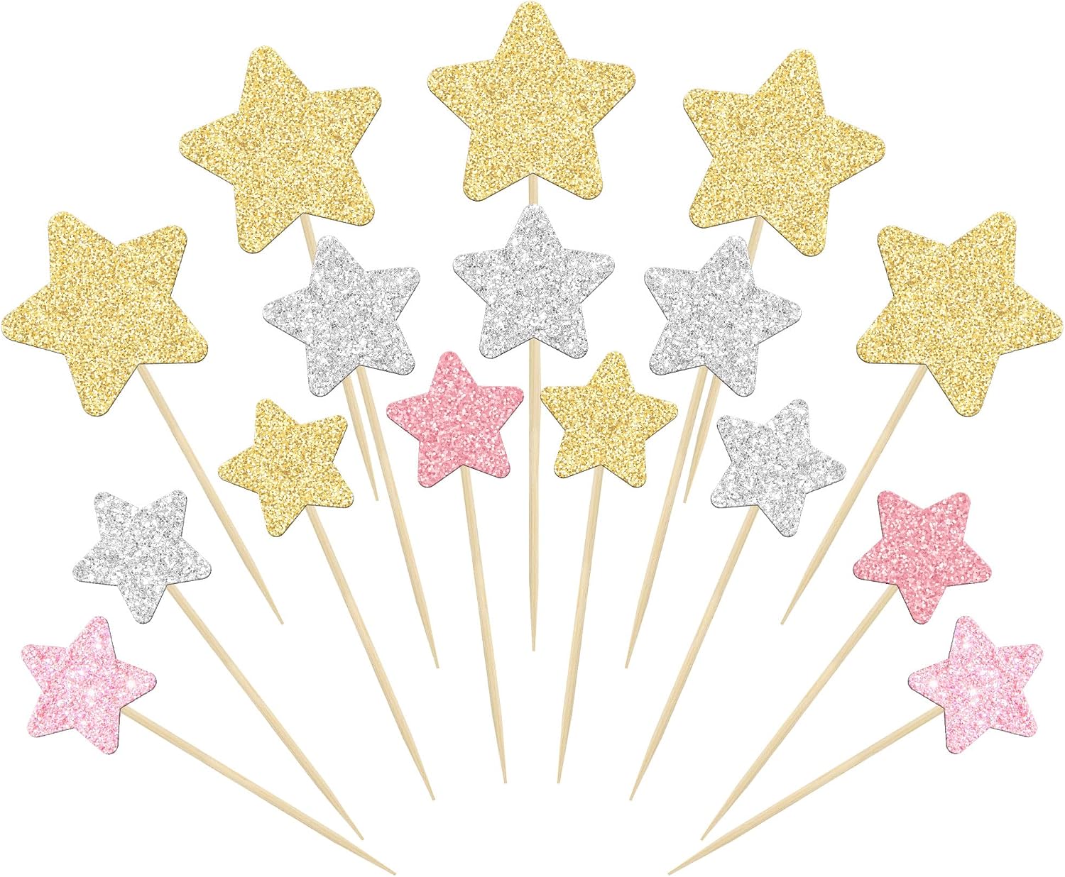 Gyufise 42Pcs Star Cupcake Toppers Gold Silver Pink Glitter Assembled Twinkle Star Cupcake Picks Wedding Engagement Bridal Shower Birthday Party Cake Decorations Supplies Mixed Size