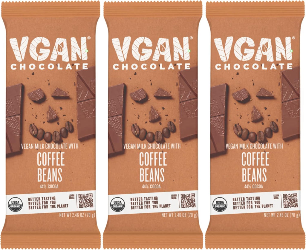 VGAN Vegan Chocolate Bars, Gluten Free Snacks, Plant Based, Soy and Dairy Free, Organic Ingredients, Cruelty Free, Kosher, and Non GMO, Milk Chocolate with Coffee Beans, 3 Pack