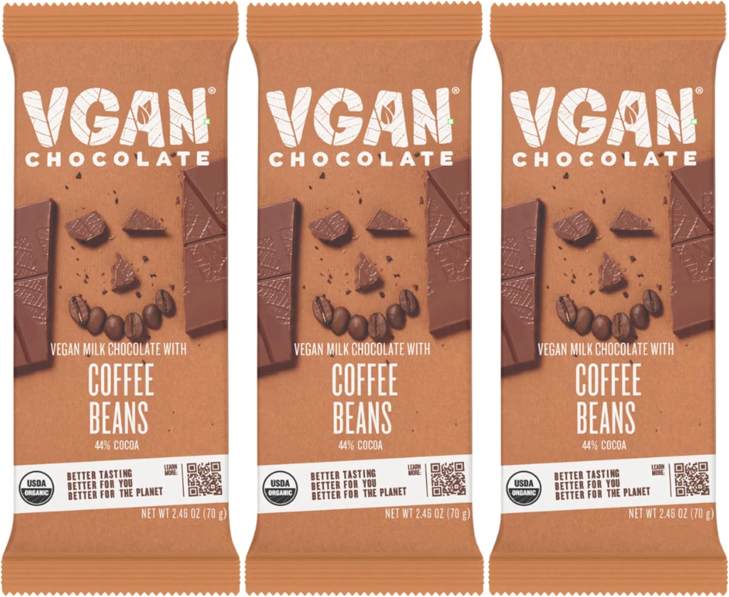 VGAN Vegan Chocolate Bars, Gluten Free Snacks, Plant Based, Soy and Dairy Free, Organic Ingredients, Cruelty Free, Kosher, and Non GMO, Milk Chocolate with Coffee Beans, 3 Pack