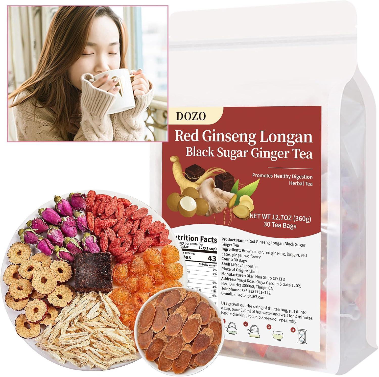 DOZO Brown sugar ginger tea 360g/12.7oz (30bags) Red Ginseng, Longan, Brown Sugar and Ginger Tea 红参桂圆黑糖姜茶
