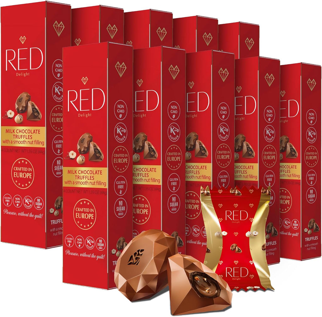 Red Delight Milk Chocolate Diamond Truffles with Smooth Nut Filling - Pack of 10 (With 40 Chocolate Truffles) 15.50oz Creamy Treats - Kosher, No Added Sugar, Gluten-Free European-Style Chocolates