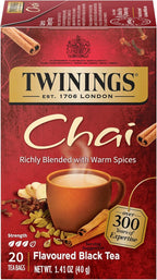 Twinings Chai Black Tea Individually Wrapped Bags, 20 Count (Pack of 1), Sweet, Savoury Spices, Caffeinated, Enjoy Hot or Iced, 20 Teabags