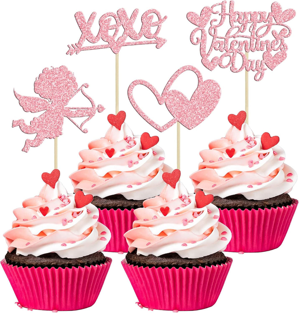 24Pcs Happy Valentine's Day Cupcake Toppers Pink Glitter XOXO Cupid Sweet Love Cupcake Food Picks Valentine's Day Theme Wedding Bridal Shower Birthday Party Cake Decorations Supplies