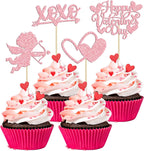 24Pcs Happy Valentine's Day Cupcake Toppers Pink Glitter XOXO Cupid Sweet Love Cupcake Food Picks Valentine's Day Theme Wedding Bridal Shower Birthday Party Cake Decorations Supplies