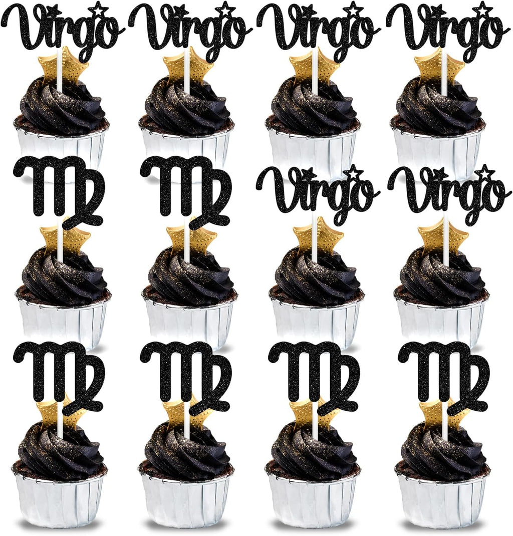 12Pcs Virgo cake topper, Big Virgo Energy/Virgo Season Cake Decor, 12 constellation Virgo August September Birthday Cupcake Decoration, Horoscope Astrology Birthday Party Supplies, Black Glitter