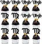 12Pcs Virgo cake topper, Big Virgo Energy/Virgo Season Cake Decor, 12 constellation Virgo August September Birthday Cupcake Decoration, Horoscope Astrology Birthday Party Supplies, Black Glitter