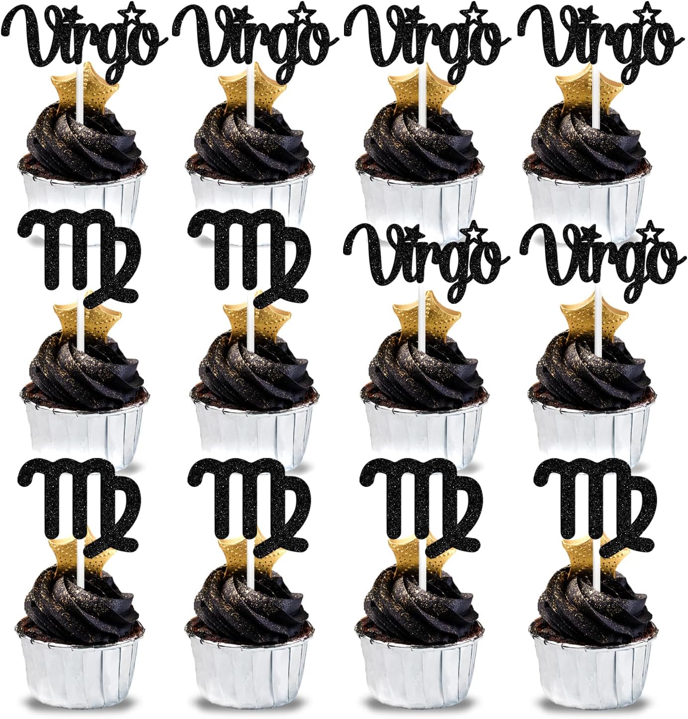 12Pcs Virgo cake topper, Big Virgo Energy/Virgo Season Cake Decor, 12 constellation Virgo August September Birthday Cupcake Decoration, Horoscope Astrology Birthday Party Supplies, Black Glitter
