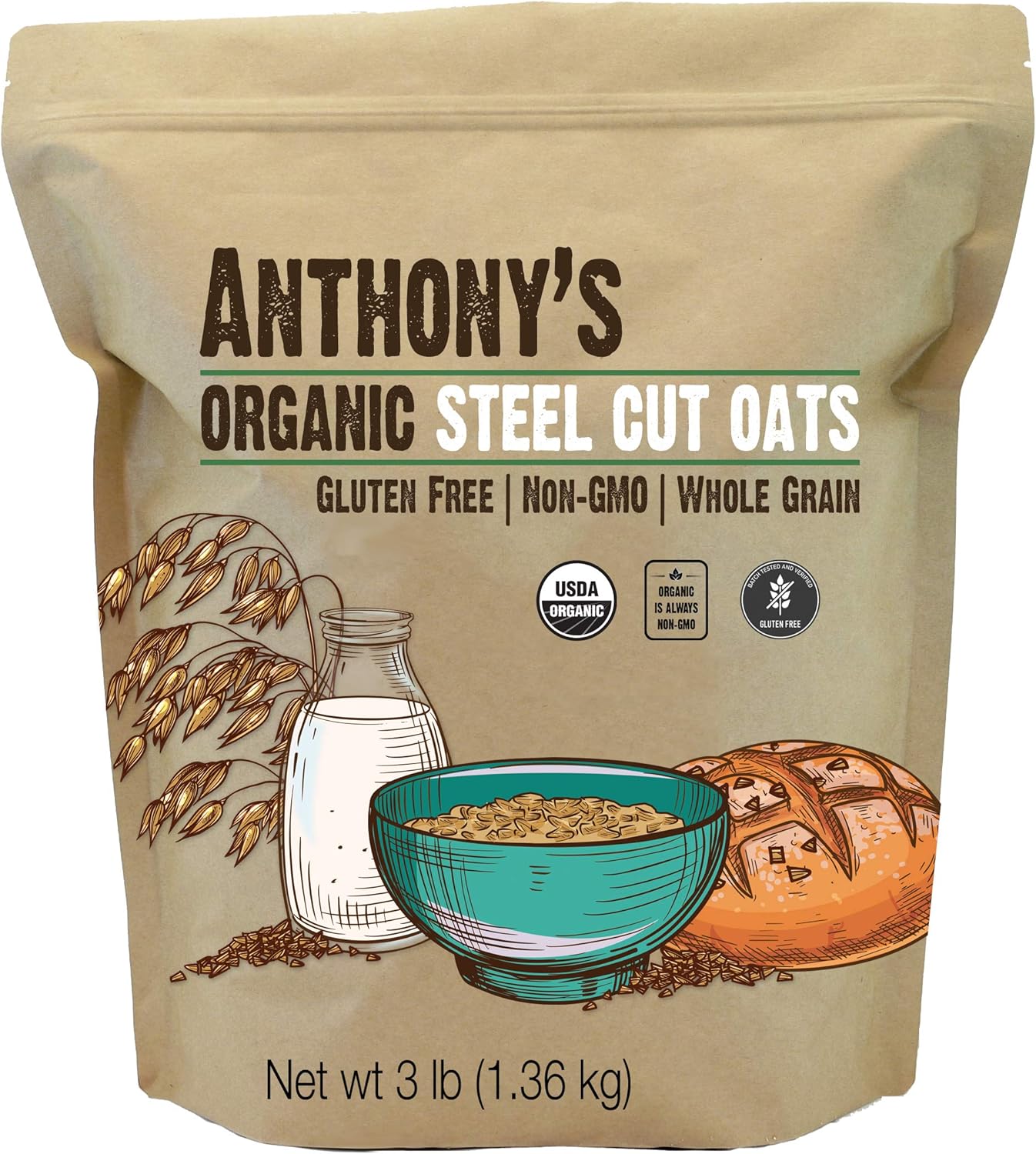 Anthony's Organic Steel Cut Oats, 3 lb, Gluten Free, Non GMO, Irish Oatmeal, Whole Grain