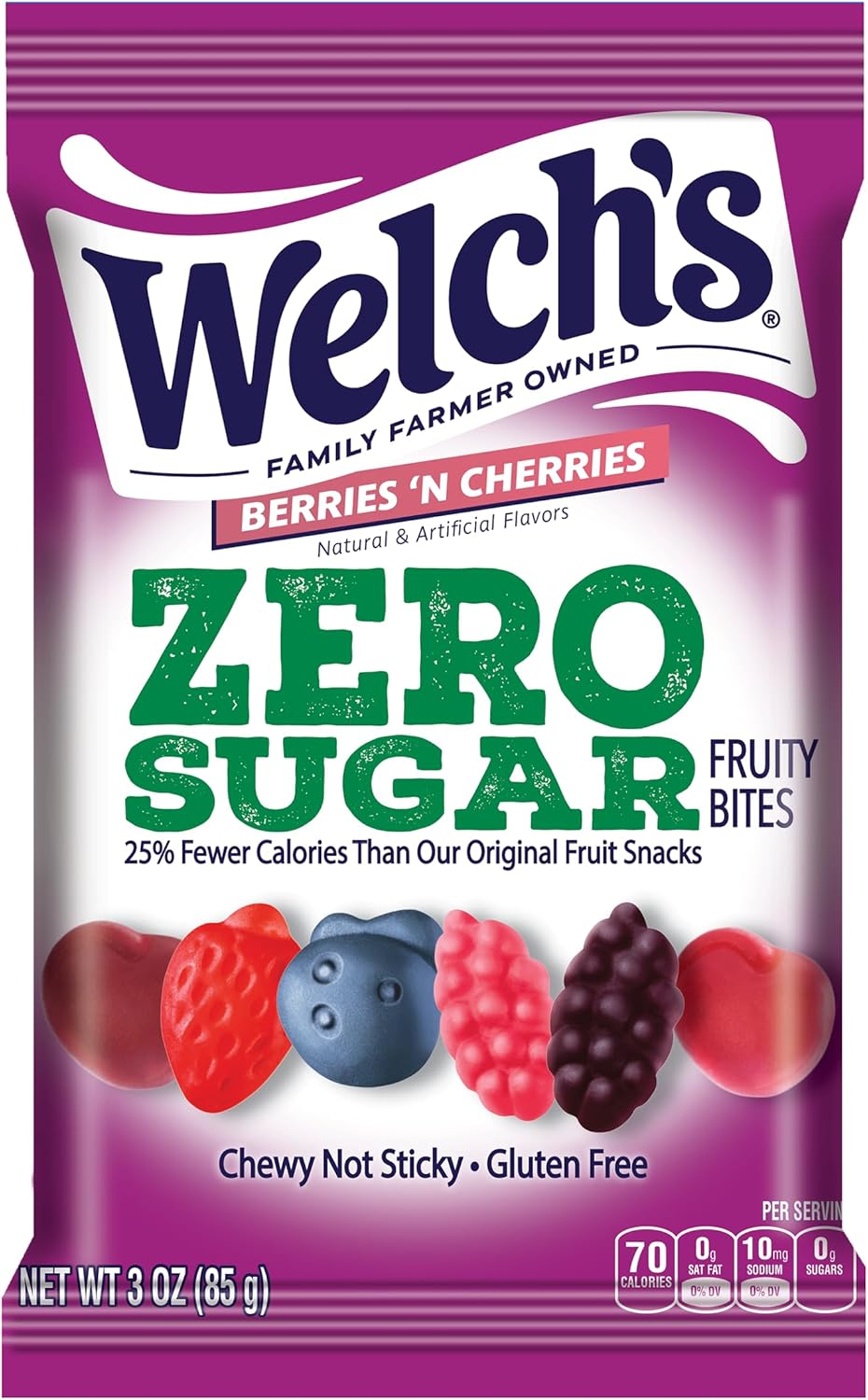 Welch's Zero Sugar Fruity Bites, Berries 'n Cherries Snack Pack, Gluten Free & Sugar Free Snacks, 3oz Snack Pack (Pack of 1)