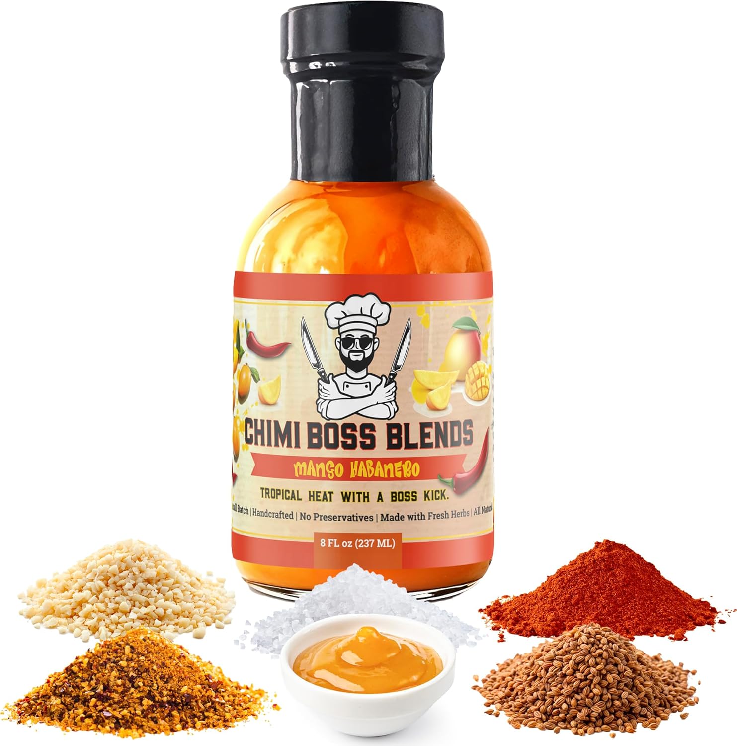 Chimi Boss Mango Habanero Sauce – Sweet-Heat Flavor Explosion for Tacos, Chicken, Pizza & More – 8 fl oz Bottle – Small Batch, USA Made, No Fillers