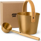 Luxury Aluminum Sauna Bucket and Ladle Set with Modern Nordic Design – Anodized Aluminum Sauna Ladle with Bamboo Handle – Rust & Heat Resistant 1.3 Gallon Bucket & 13.5 oz Ladle