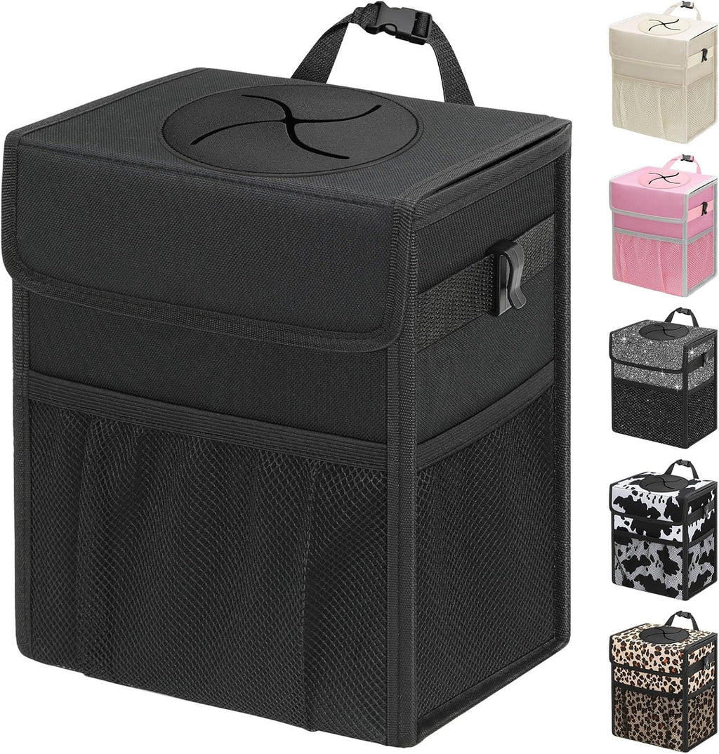 Capolo Car Trash Can with Lid, Leakproof Car Trash Bag Hanging Waterproof Automotive Garbage Can with Storage Pockets Mini Vehicle Trash Bin for Back/Front Seat(Black,2.5 Gallon)