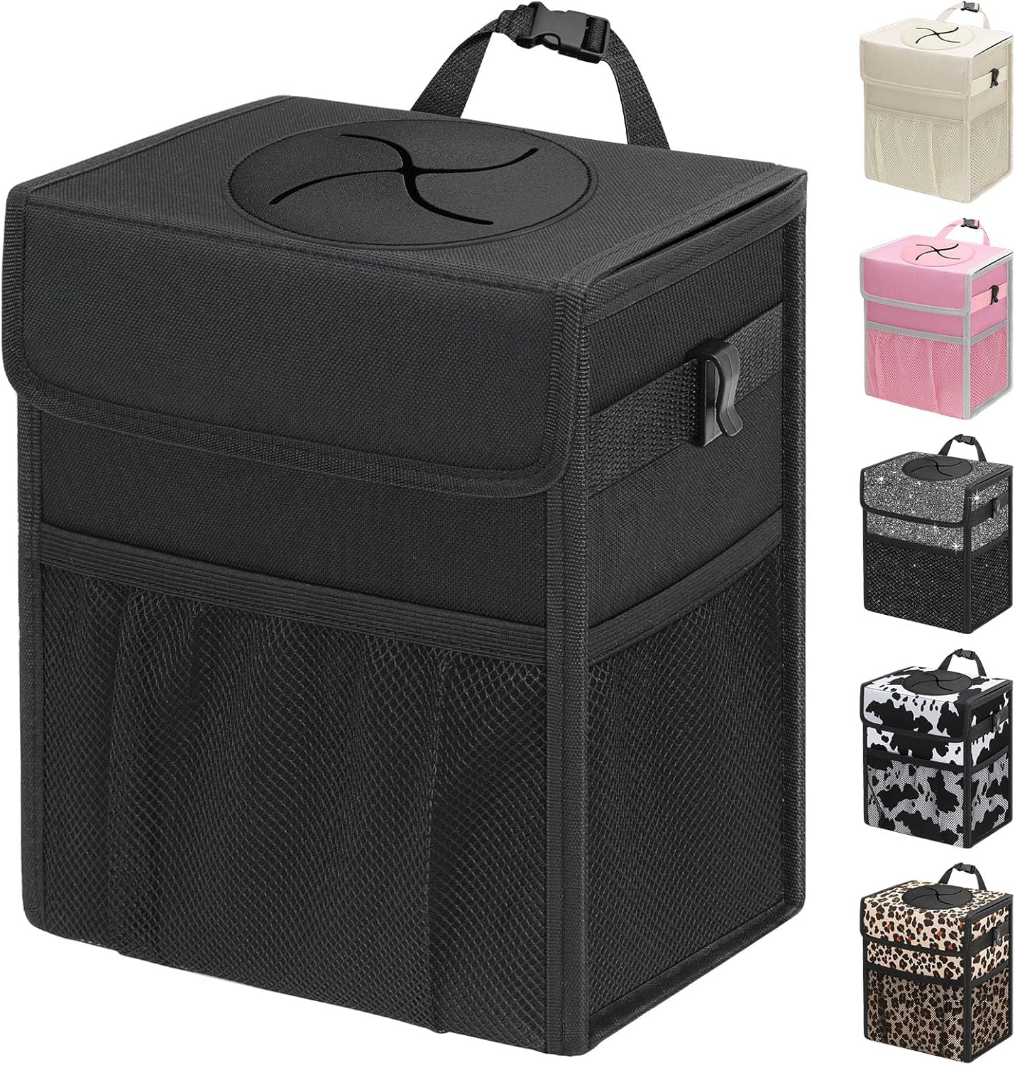 Capolo Car Trash Can with Lid, Leakproof Car Trash Bag Hanging Waterproof Automotive Garbage Can with Storage Pockets Mini Vehicle Trash Bin for Back/Front Seat(Black,2.5 Gallon)
