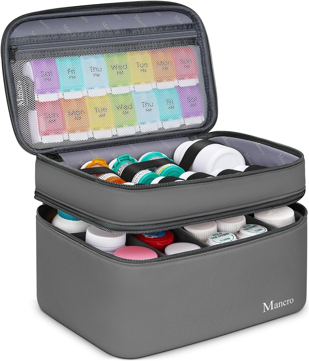 Mancro First Aid Bag Empty with Lockable Zipper, Dual Layers Pill Bottle Organizer Storage for Home, Medication Travel Bag for Pills, Vitamins, Emergency Supplies, Travel, Grey