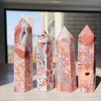 Natural Pink Agate Crystal Wand Point 2.7–4.3 inch – Polished Hexagonal Crystal Tower for Reiki Healing, Meditation, Chakra Balancing & Home Energy Decor (0.5LB(2-5pc))