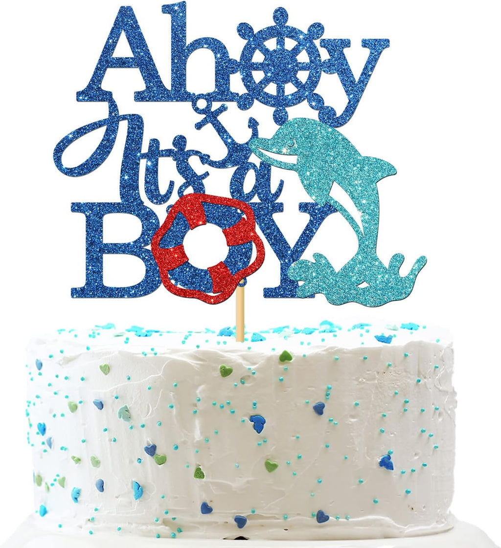 INNORU Ahoy it's a Boy Cake Topper - Ship Anchor Nautical Theme Cake Decor, Boy 1st Birthday, Gender Reveal, Oh Boy Party Cake Decorations Supplies, Navy Blue Glitter
