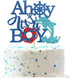 INNORU Ahoy it's a Boy Cake Topper - Ship Anchor Nautical Theme Cake Decor, Boy 1st Birthday, Gender Reveal, Oh Boy Party Cake Decorations Supplies, Navy Blue Glitter