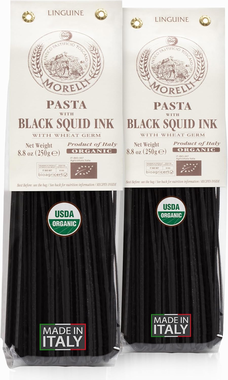 Morelli Squid Ink Pasta Linguine - Organic Black Pasta Noodles, Durum Wheat Semolina, Italian Nero Di Seppia Made in Italy - 8.8 oz / 250 g (Pack of 2)