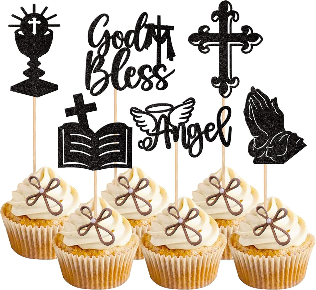 24 PCS God Bless Cupcake Toppers Glitter Angel Cross Cupcake Picks Grail Cross Cupcake Decoration for Church Baptism First Communion Baby Shower Birthday Party Cake Decorations Supplies Black
