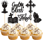 24 PCS God Bless Cupcake Toppers Glitter Angel Cross Cupcake Picks Grail Cross Cupcake Decoration for Church Baptism First Communion Baby Shower Birthday Party Cake Decorations Supplies Black