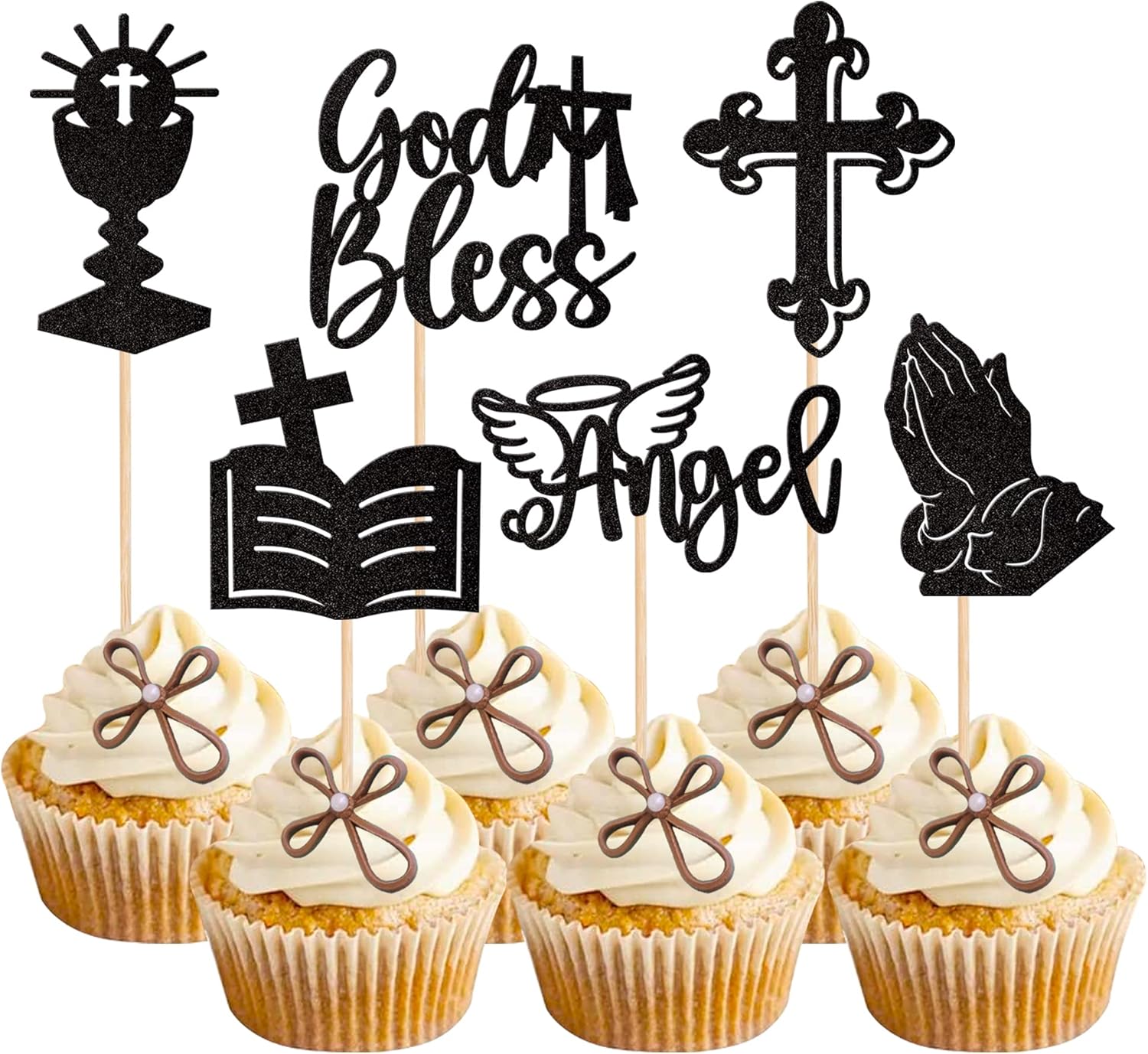 24 PCS God Bless Cupcake Toppers Glitter Angel Cross Cupcake Picks Grail Cross Cupcake Decoration for Church Baptism First Communion Baby Shower Birthday Party Cake Decorations Supplies Black