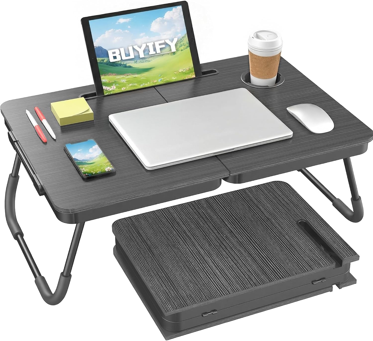 BUYIFY Foldable Laptop Bed Desk for Couch, Sofa - Large Lap Desk Tray Table with Cup Holder and Tablet Slot - Portable Notebook Stand for Eating, Writing, Studying and WFH (Black)- USA Original Patent
