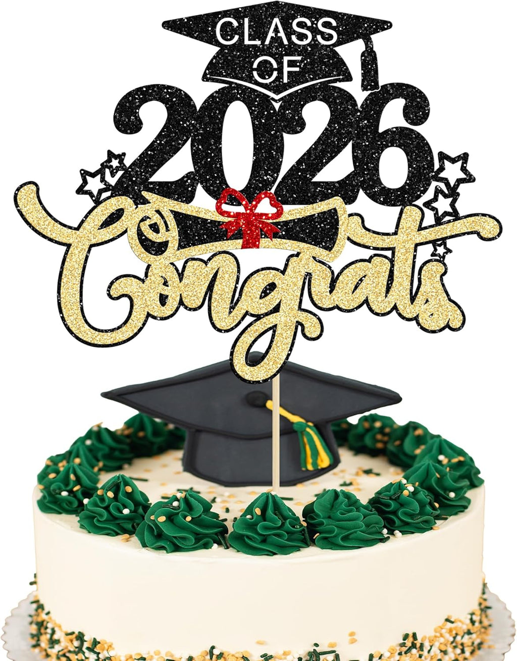 1Pc Class of 2026 Cake Topper Glitter Congrats Grad Cap 2026 Graduation Cake Pick Decorations for 2026 Graduation Theme High School Boys Girls Graduate Party Cake Decorations Supplies Black Gold