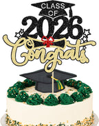 1Pc Class of 2026 Cake Topper Glitter Congrats Grad Cap 2026 Graduation Cake Pick Decorations for 2026 Graduation Theme High School Boys Girls Graduate Party Cake Decorations Supplies Black Gold