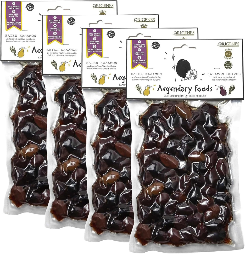 Pack of 4 Kalamon Olives in Vacuum Pack, Kalamata Olives with Greek Oregano and Red Wine Vinegar, Freshly Sealed Olives Kalamata with Extra Virgin Oil 4X200g