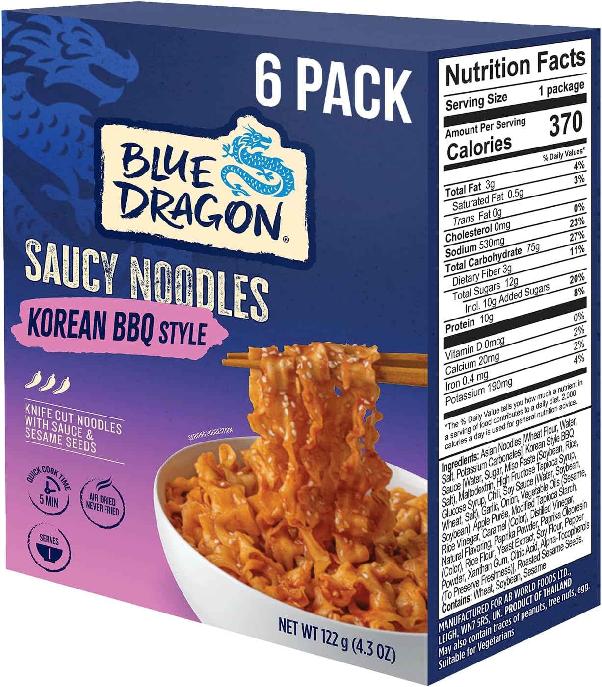 Blue Dragon Korean BBQ Saucy Noodles - 4.2oz (Pack of 6) - Knife Cut Thick Noodles w/Korean BBQ Sauce & Sesame Seed Garnish - Quick & Easy Meal with Bold Asian Flavors - Vegetarian Friendly