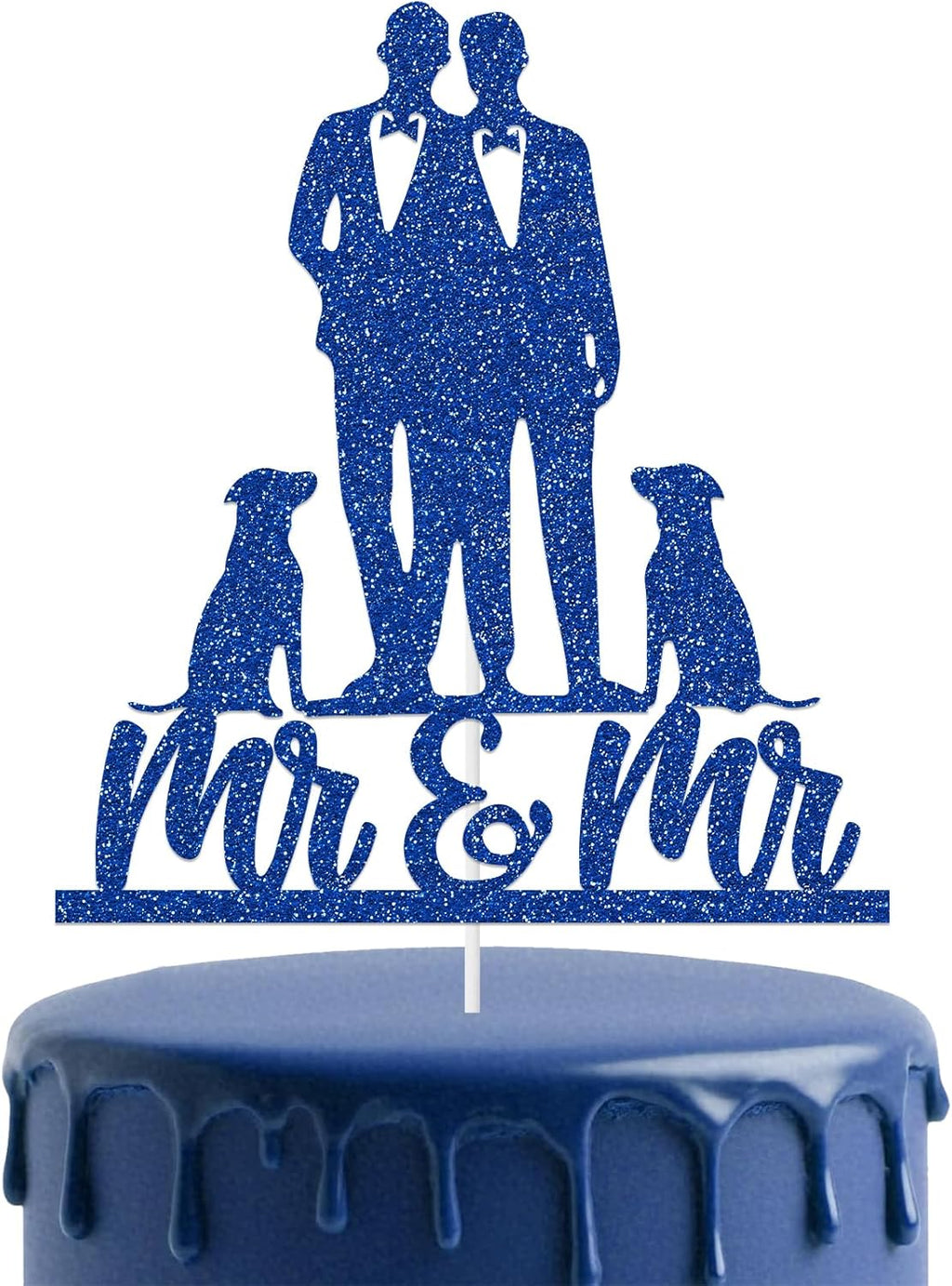 Gay Wedding Cake Topper, Mr & Mr Cake Topper With Dog Black Color Acrylic Silhouette Wedding Aniversary Party Engagement, Blue Glitter