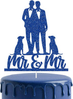Gay Wedding Cake Topper, Mr & Mr Cake Topper With Dog Black Color Acrylic Silhouette Wedding Aniversary Party Engagement, Blue Glitter