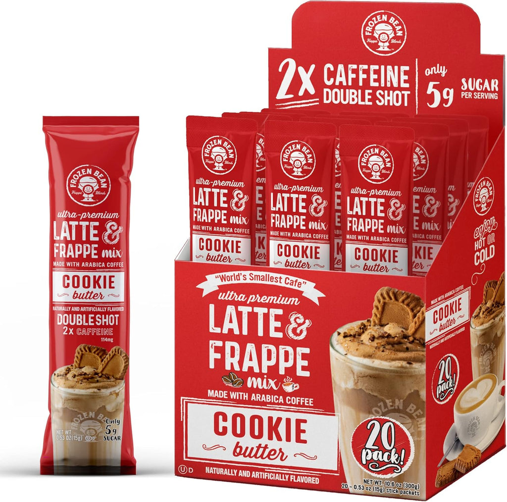 The Frozen Bean Cookie Butter Frappe & Latte Instant Mix (20 Sticks), Made with Arabica Coffee, Double Shot Caffeine, Low Sugar & Premium Ingredients, Hot, Iced, or Blended Drinks